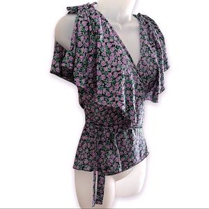ASOS NWT Split Flutter Sleeve Peplum Wrap Top Blouse Purple Floral Black Size 0